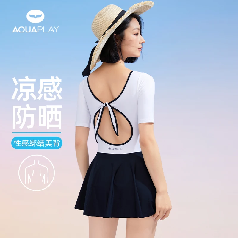 

AquaPlay Summer Quick Dry Swimsuit Beach Fashion Patchwork Women One Piece Swimsuit UPF50+ Rash Guard Back Tie Design Swimsuit