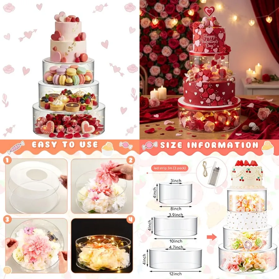 

3 Pcs Acrylic Cake Stand with LED Lights '', '', 1'' Clear Fillable Cake Riser Round 3 Tier Case Bo for Weddg Birthday Holiday