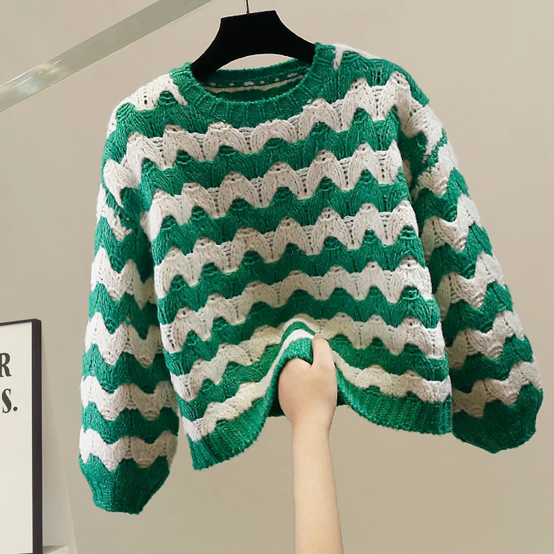 

Korean Sle Heavy Weight Knitted Long Sve Striped Sweater Loose Fit Faionable Casual round Ne Warm Autumn Top