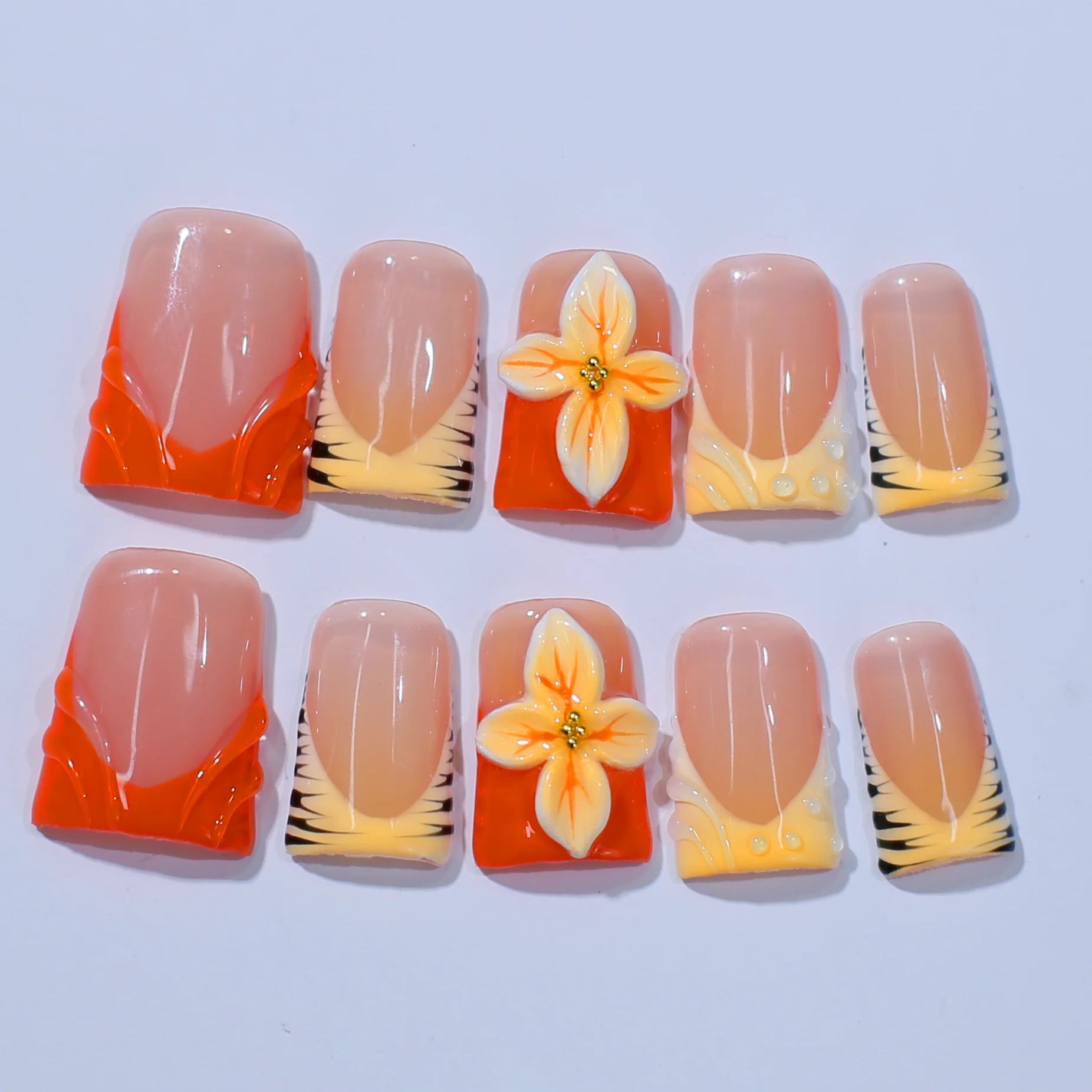 

10Pcs Handmade Press On Nails, Orange-Pink Gradient 3D Flower Short Duckbill Sheer Nails