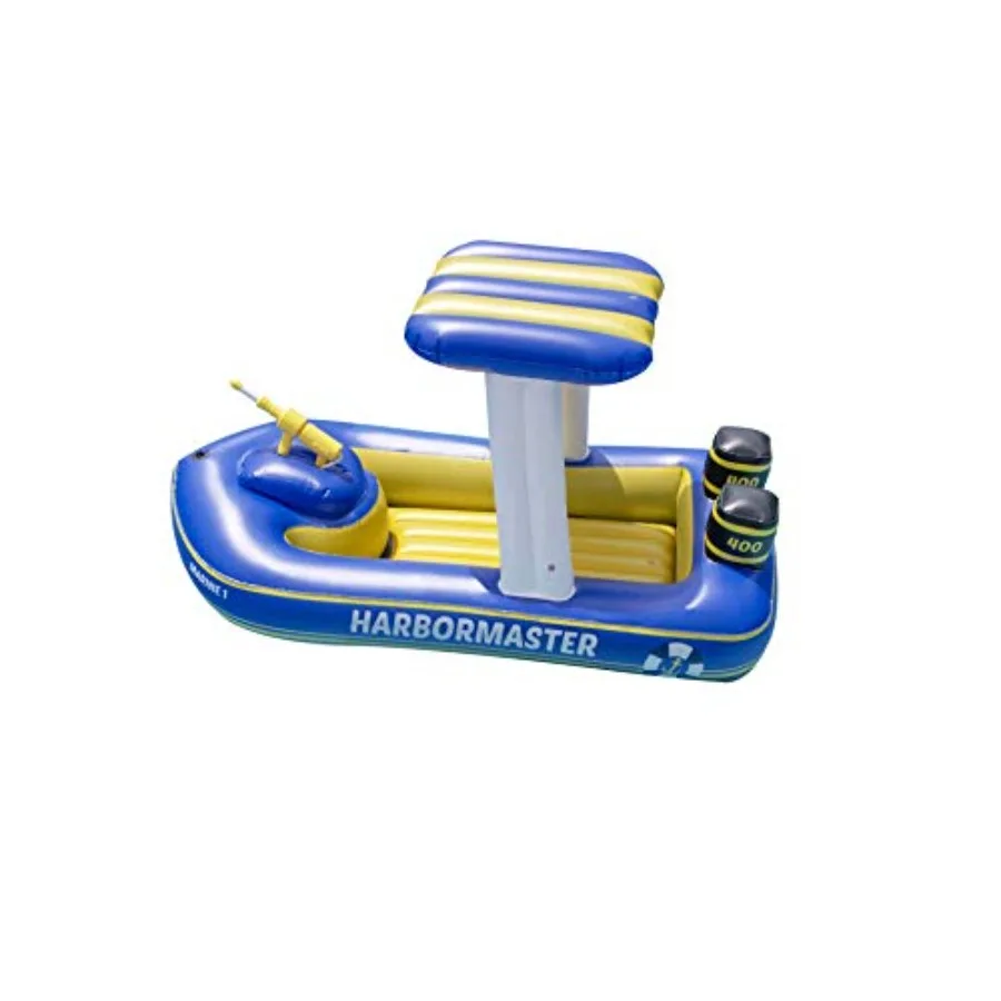 

Harbor Master inflatable patrol boat pool float for beach ocean pool lake use; extra-thick PVC material; retro blue-red color;