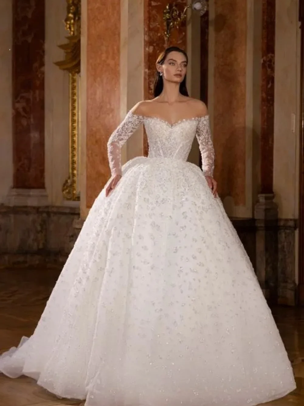 Flavinke Элегантное очаровательное свадебное платье с открытыми плечами по индивидуальному заказу Романтические свадебные платья с длинными рукавами 2025 Блестящее платье трапециевидной формы