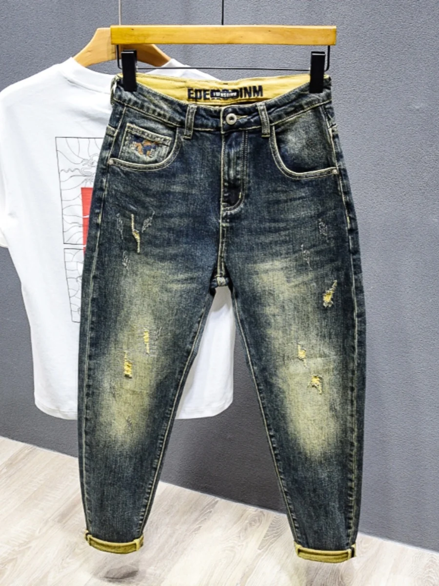 

Мужские джинсы премиум-класса, модные, зауженные, эластичные, осенне-зимние, с рваными элементами и нашивками, длинные, хлопковые, на резинке, в стиле Харадзюку