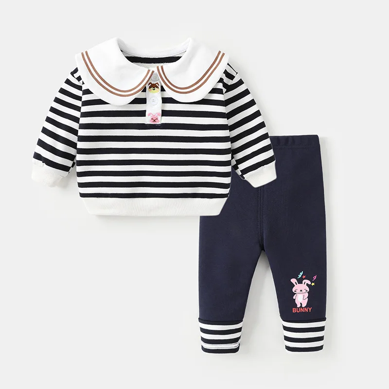 Toddler Girl Autumn 2PCS Clothes Set Cotton Peter Pan Collar Striped Infant Girl Sweatshirt Rabbit Skinny Tight Baby Girl Outfit