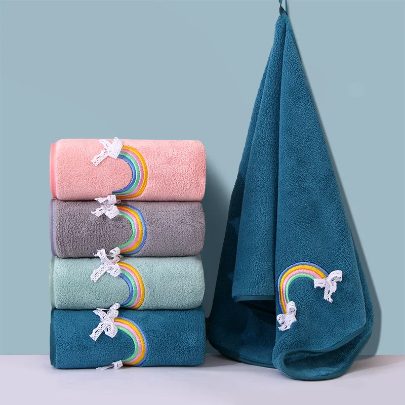 Quick Drying Coral Velvet Towel Rainbow Embroidery Hand Towels Bathroom Thickened Baby Shower Bath Towel Christmas Gift Supplies