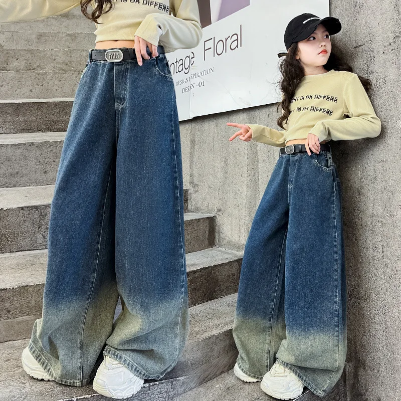 

Teenger Girls Gradient Wide Leg Jeans Spring Autumn Fashion Loose Baggy Soft Long Pants for Kids Girl Denim Trousers Outfits