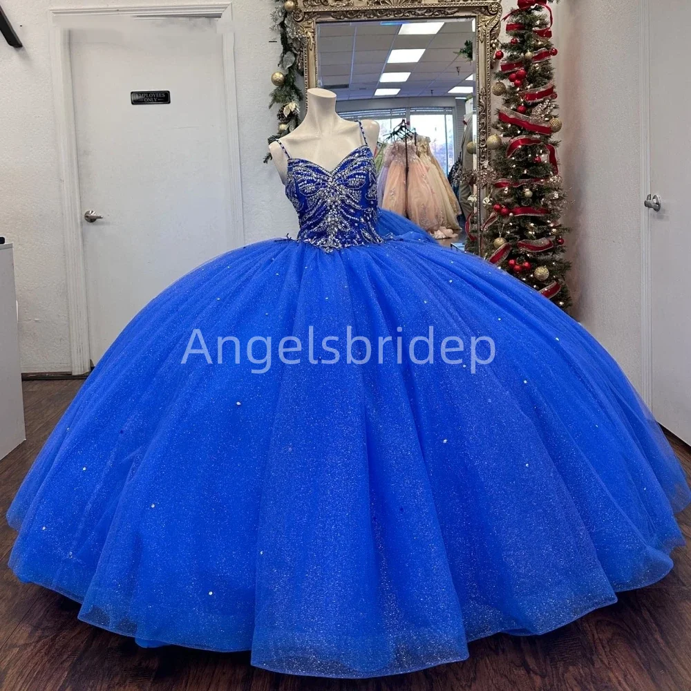 

Angelsbride 2025 Royal Blue Ball Gown Quinnceanera Dresses With Beading Crystal Spaghetti Straps Bow Vestidos De 15 Anos