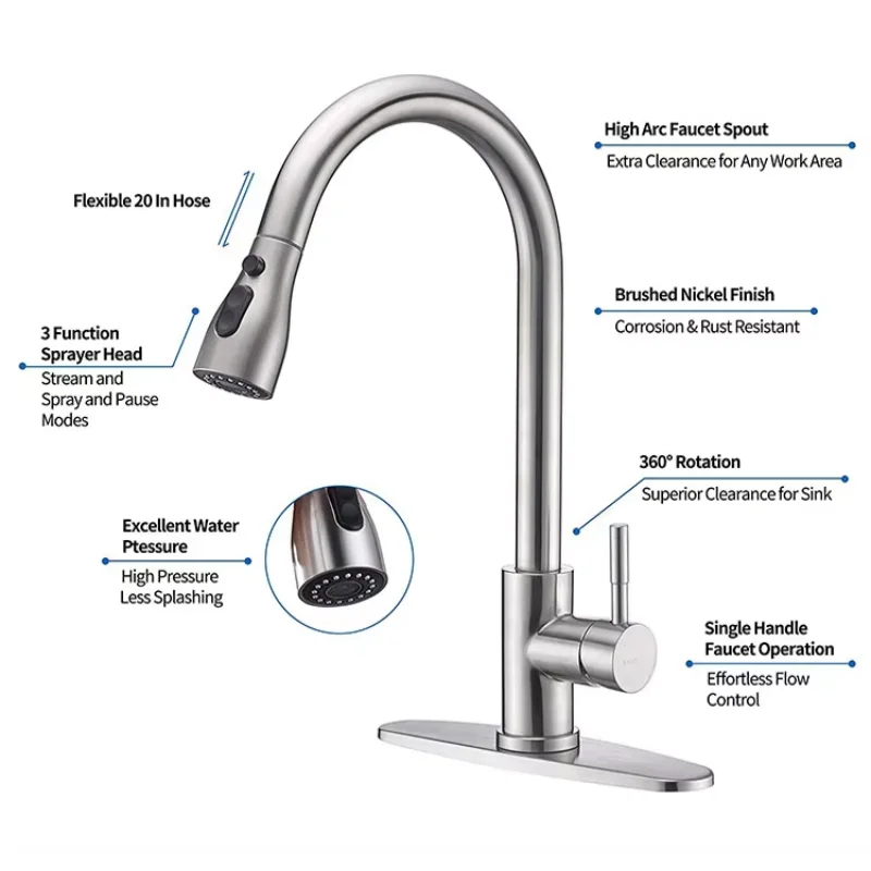 Classic pull-out faucet with three speed settings, simple and efficient, suitable for home kitchen use