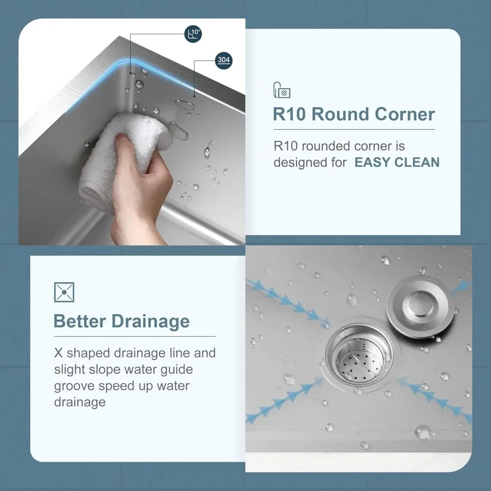 حوض المطبخ مقاس 24 × 18 بوصة مع وعاء واحد من الفولاذ المقاوم للصدأ مع مجموعة تصريف وصنبور