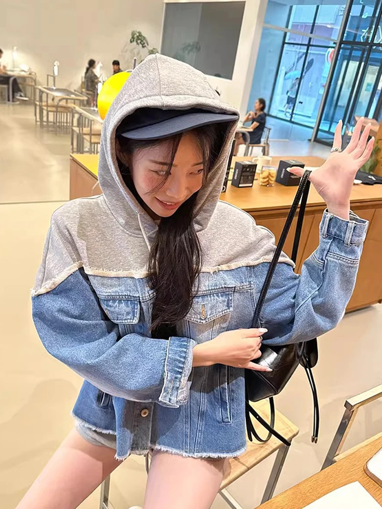 Felpe con cappuccio alla moda in stile coreano Giacca di jeans dal design di giunture Streetwear Giacca di jeans monopetto unica e di nicchia da donna