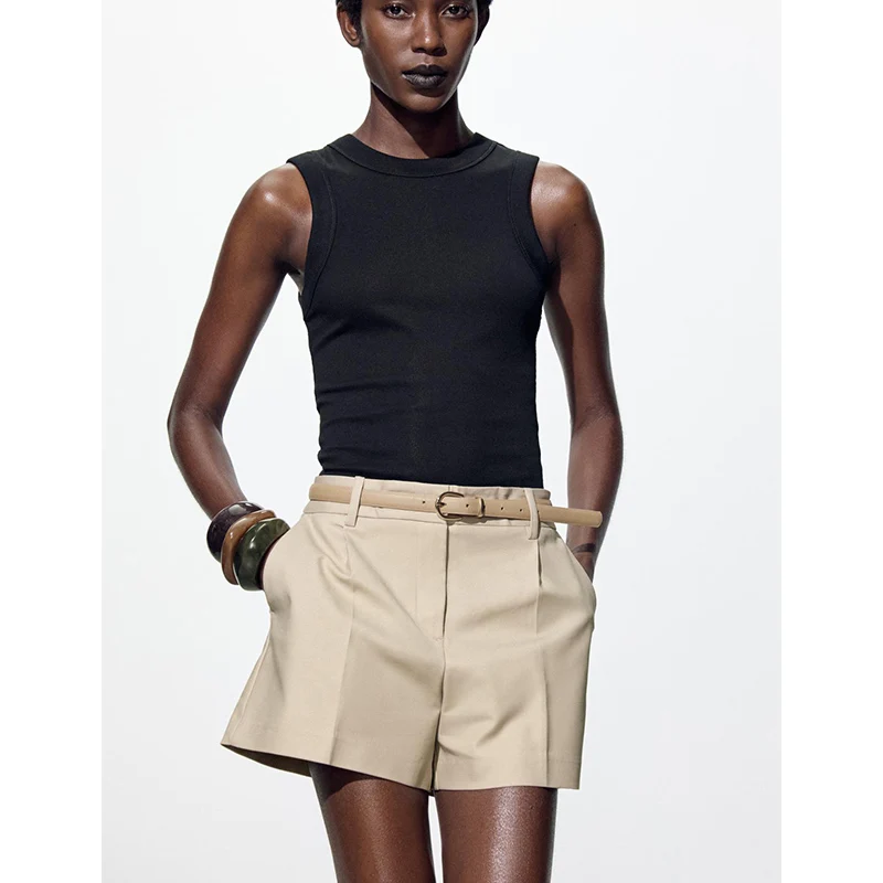 Nowe letnie damskie spodnie codzienne z paskiem, plisowane, do pracy, prosty krój, wygodne, z włókna poliestrowego.