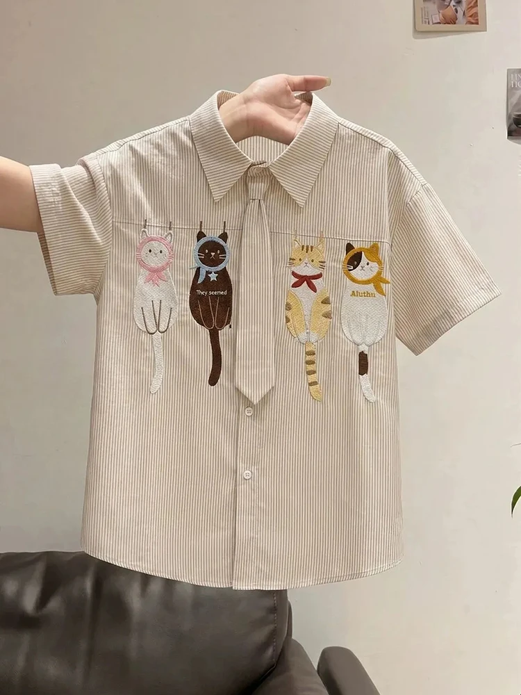 Cute Cartoon Tie Shirt Women Loose Fashion Preppy Style Embroidery Kawaii Blouse Casual Bf Chic Short Sleeve Sweet Striped Tops