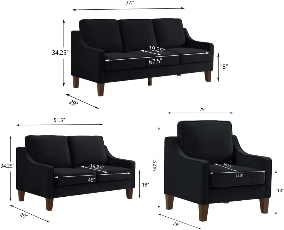 Juego de sofás sectioanales, conjunto de muebles de sala de estar de estilo moderno con botones y cojines acolchados incluidos, 3 piezas