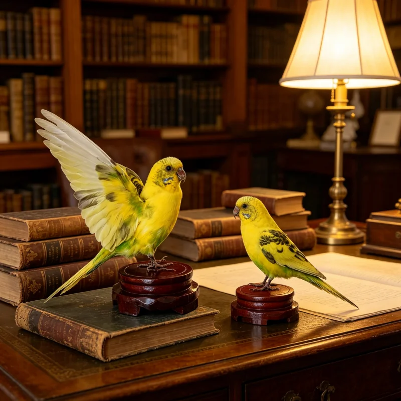 Real Budgie Parakeet Taxidermy Mount With Wooden Base | Yellow Budgerigar Full Bird Specimen, Dark Academia Desk Decor