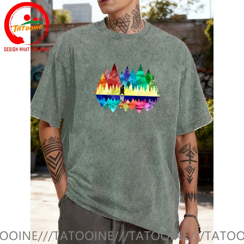 Vintage Washed Cotton T-Shirt Funny Designer Nature Mountains Landscape Outdoors Hiking Bear Animals T Shirt Men Fashion Trendy