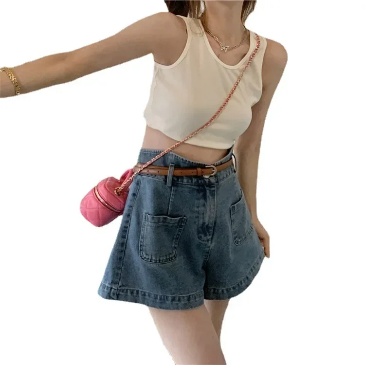 Fashion Women Denim Shorts Loose High Waist  A-line Wid-length Double Pockets Mini Blue Short Jeans Summer 2025 New jeans women