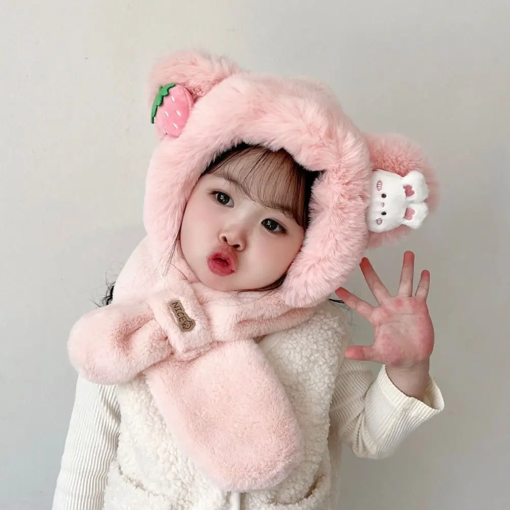 Cartoon Bear Ear Winter Baby Hat Scarf Windproof Plush Kids Hooded Scarf Neck Protection Thick Warm One-Piece Beanies Cap