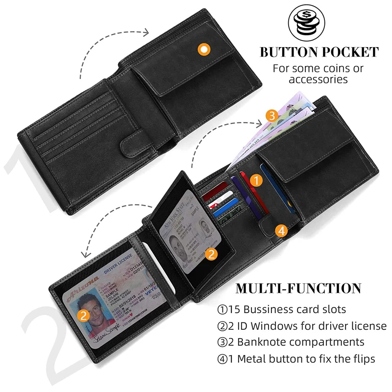 Мужские кошельки, многофункциональный тонкий кошелек с блокировкой RFID и 15 отделениями для кредитных карт