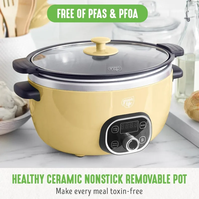 6 QT Ceramic Slow Cooker, PFAS-Free, Programmable, Removable Healthy Nonstick Pot, Butter Yellow