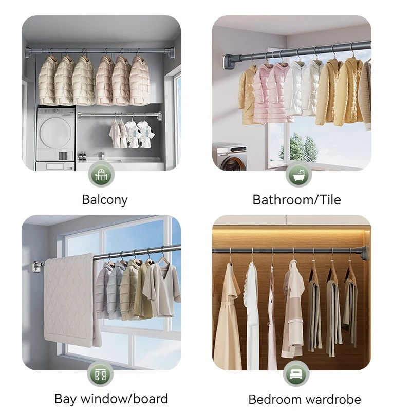 Up To 2.7m Adjustable Stainless Steel Shower Curtain Rod Clothes Drying Rack No-Drill Telescopic Pole for Laundry Room Bathroom