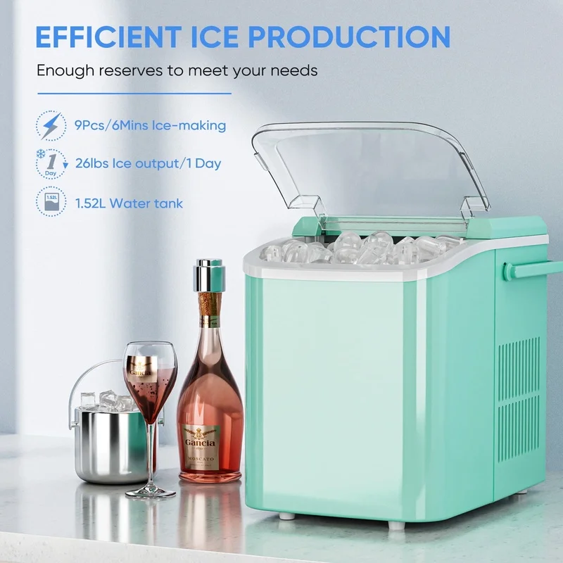 ماكينة صنع الثلج المحمولة ماكينة كونترتوب ذاتية التنظيف 9 مكعبات ثلج رصاصة في 6 دقائق تصميم مدمج سلة مغرفة الثلج