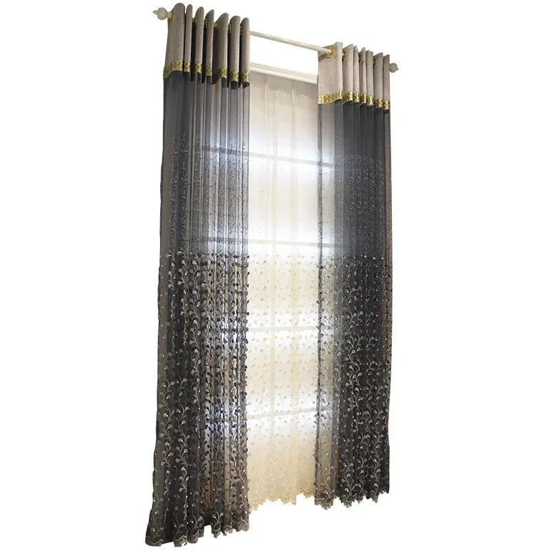Curtains for Living Room Dining Bedroom Modern Embossed Floating Embroidered Beaded Gauze Finished Yarn Gray Balcony Windows