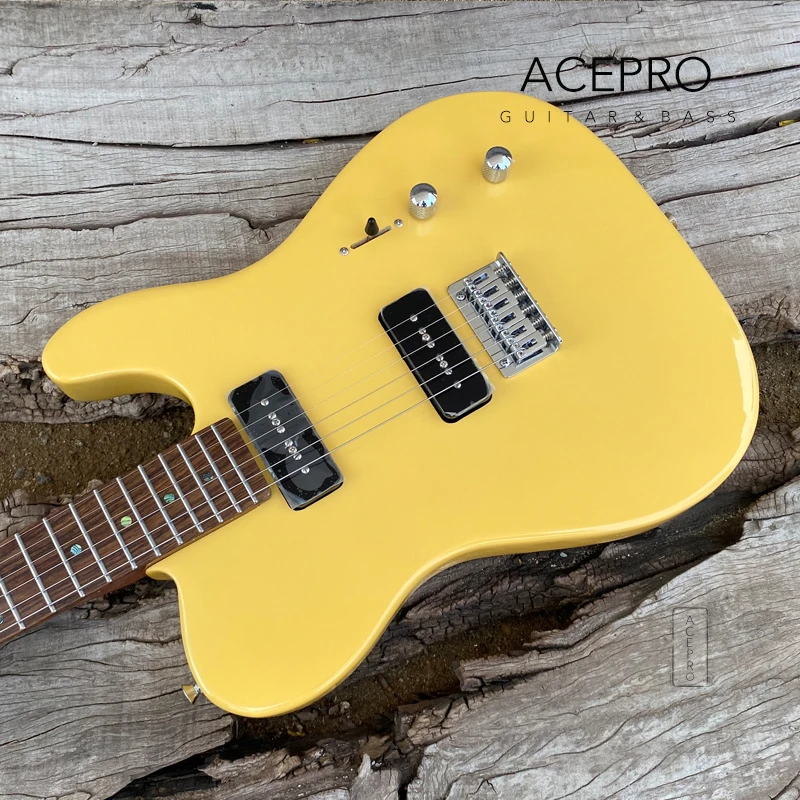 Acepro Cream Yellow Color Electric Guitar, P90 Pickups, Roasted Maple Neck, Stainless Steel Frets, Abalone Dots Inlays, Guitarra