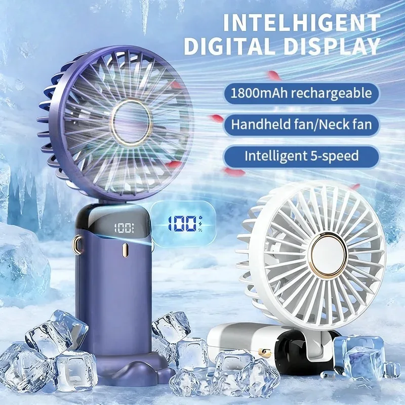 Handheld Mini Fan 1800mAh Foldable Portable Desk Outdoor Neck Hanging 5 Speed USB Rechargeable Fan Phone Stand Display Screen