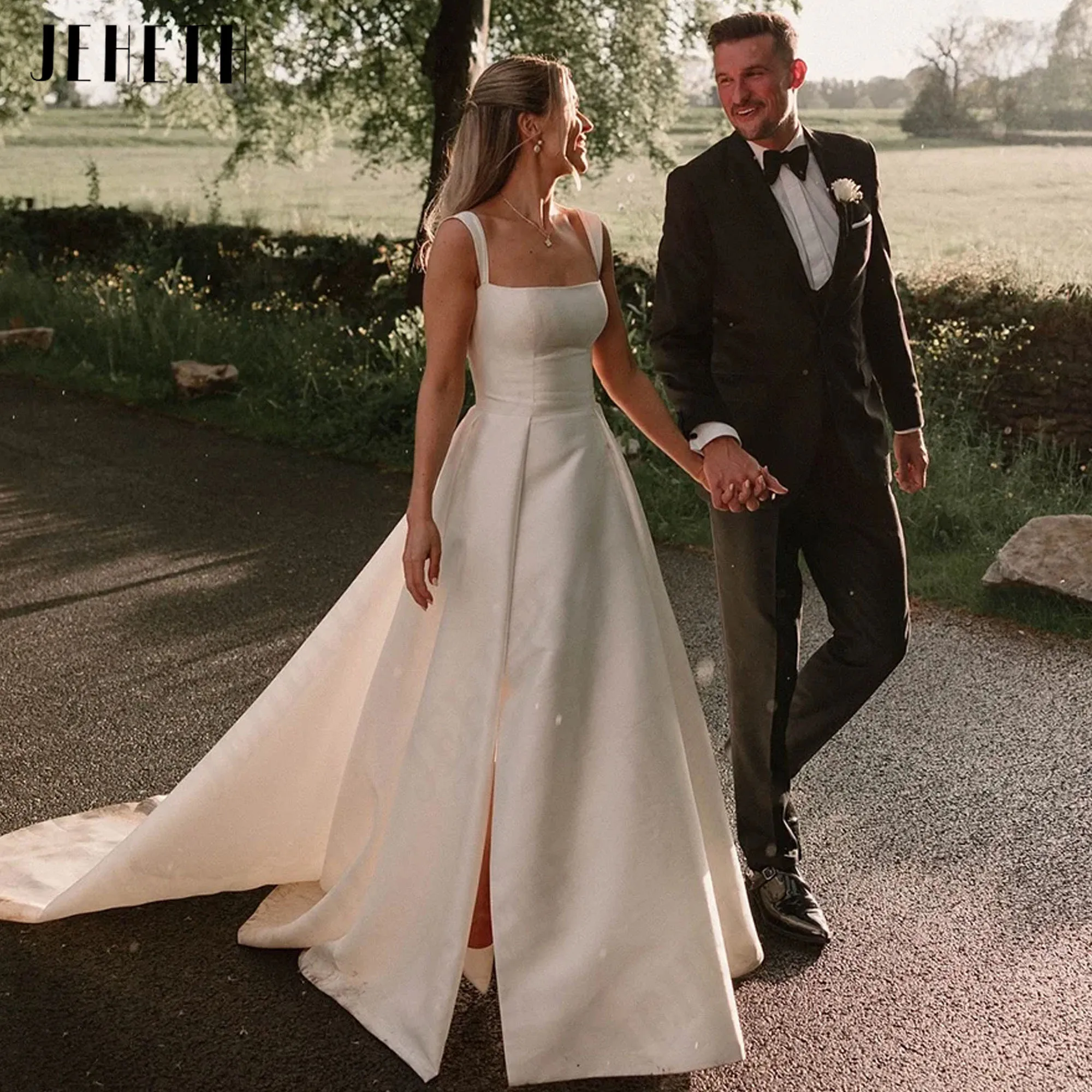 

JEHETH High Slit Wedding Dress Satin Backless Modern Bridal Gowns A-Line Square Collar Vestidos De Novia Floor-Length Customized