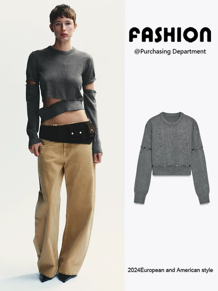 

New Autumn Women's Knitted Long Sve round Ne Pullover Button Decor Removable Faionable European Sle Ladies Sweater