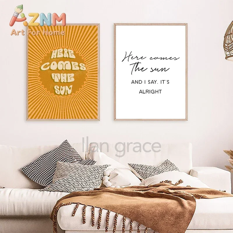 AZNM Here Comes The Sun Quote Canvas Wall Art Frameless Inspirational Text Print Poster for Home Living Room Wall Decor