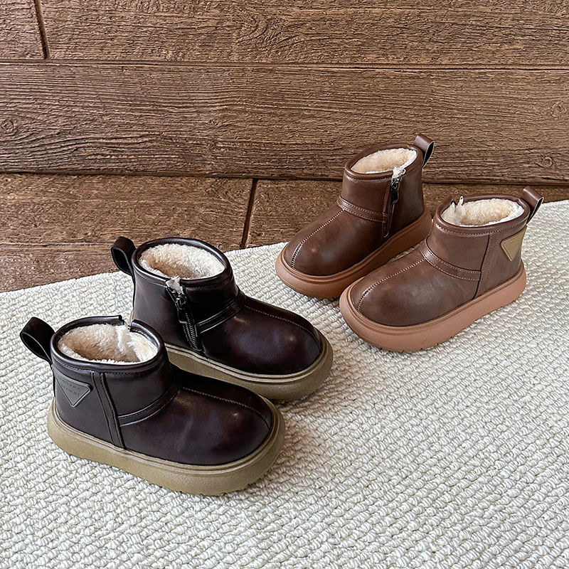 

Toddler Girls Thick Plush Lining Leather Boots 2025 New Winter Kids Platform Snow Boots Non-slip Simple Chic School Ankle Boots