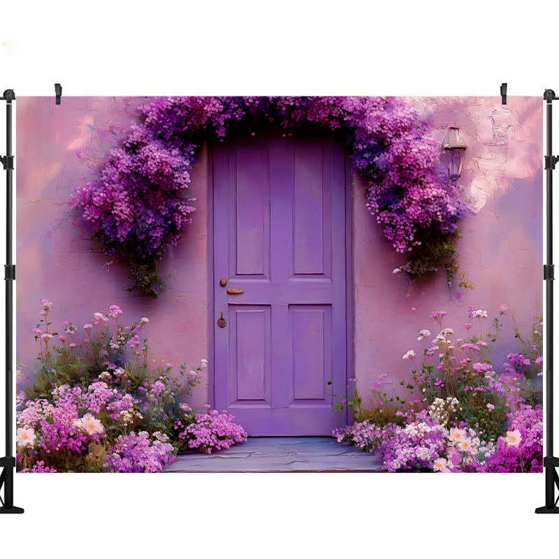 LS Photography Background Purple Floral Rustic Door Adult Birthday Wedding Maternity Portrait Decor Backdrop Photo Studio