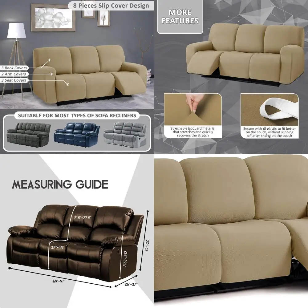 

Stretchable Jacquard Sofa Slipcovers for 3-Cushion Recliner in Sand (8-Piece Set)