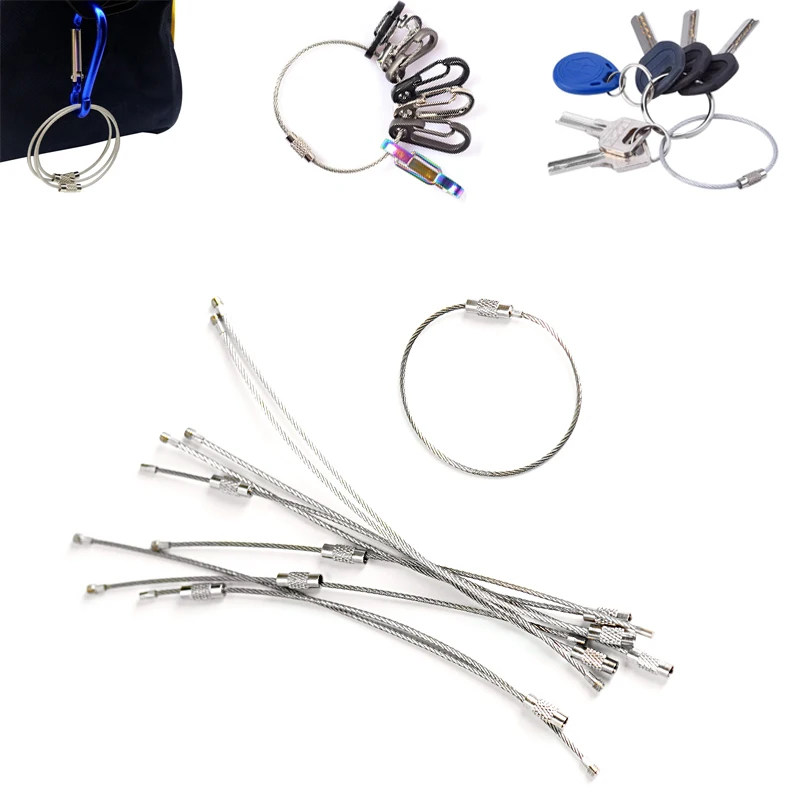 

10Pcs EDC Keychain Tag Rope Stainless Steel Wire Cable Loop Screw Lock Gadget Ring Key Keyring Circle Camp Hanging Tool