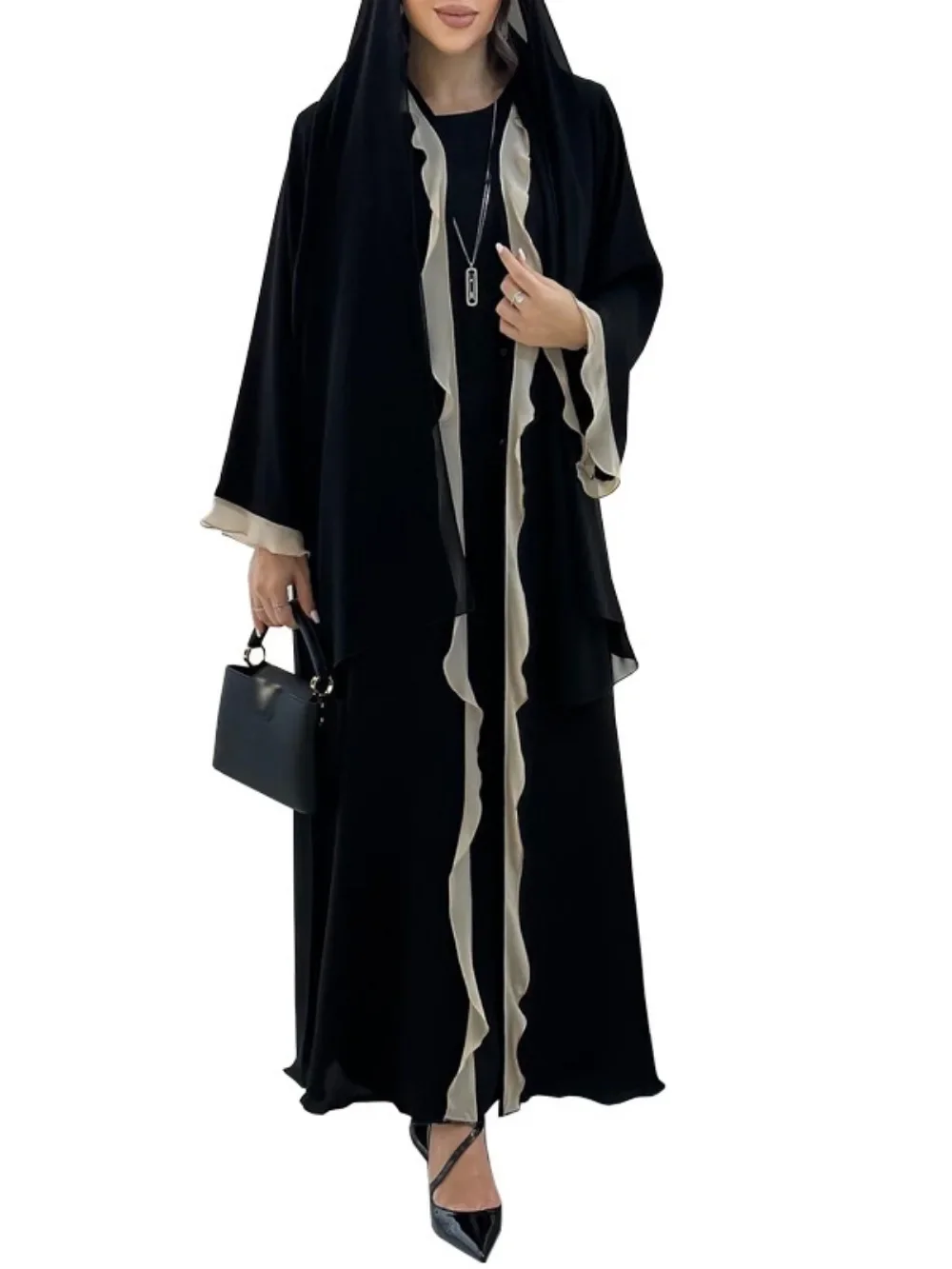 Eid Donna Abaya Abito con volant Cardigan Musulmano Ramadan Aperto Abiti lunghi da festa Caftano Robe Jalabiya Marocco Dubai Caftano 2026