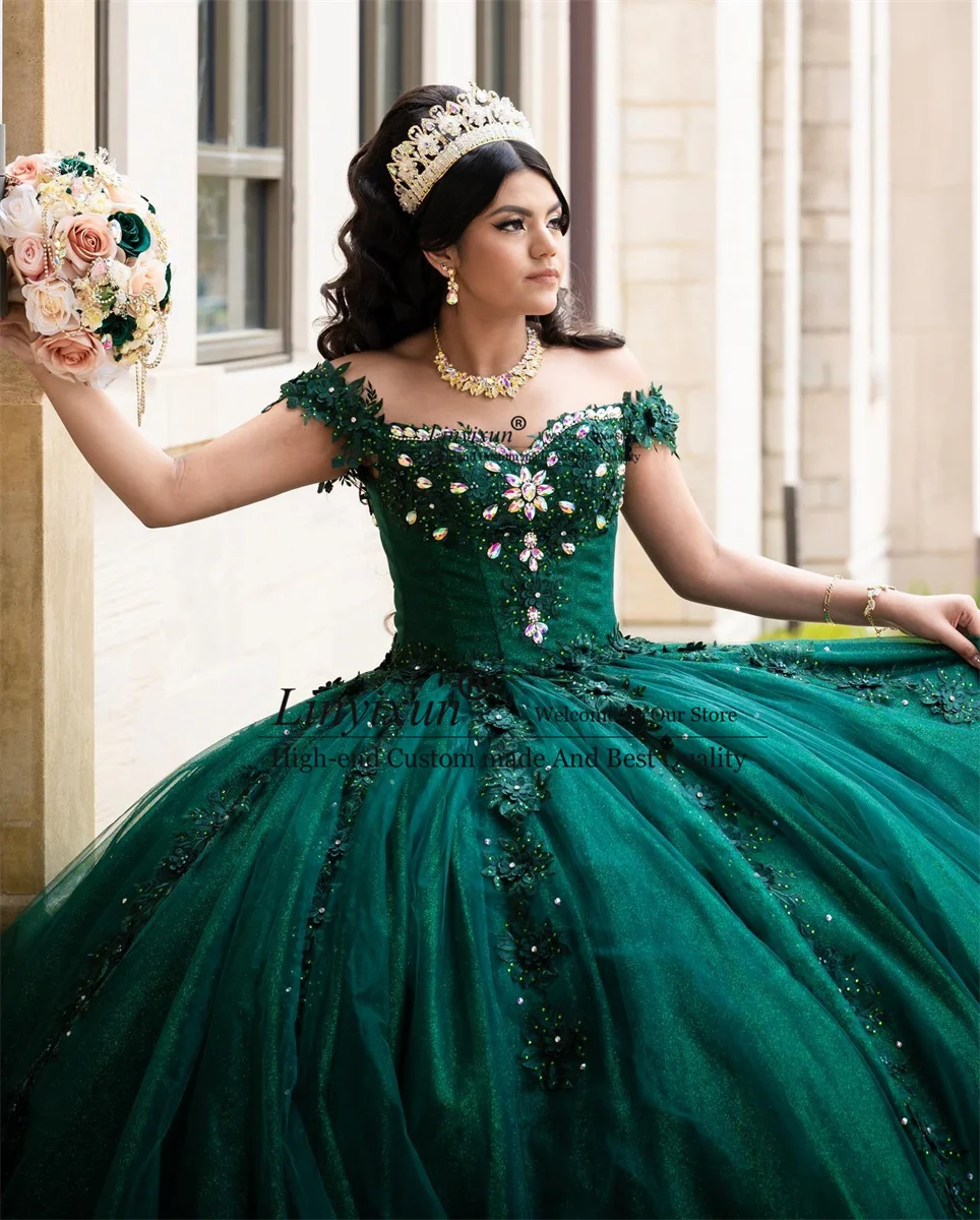 

Mexico Green Off Shoulder Ball Gown Quinceanera Dresses Beads Lace Appliques Crystals Birthday Party Flowers Sweet 16 Dress