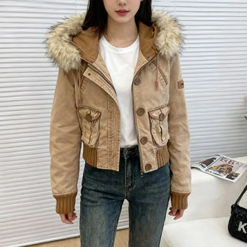 European Station Autumn Winter Brown Hooded Fur Collar Contrasting Color Denim Jacket Stylish and Slimming Short Top for Women