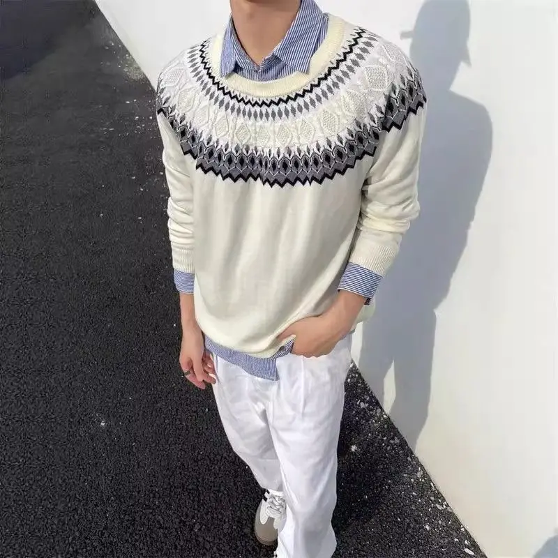 

Retro American Fair Isle Cisas Pattern Men's Knitted Sweater Couple's Lazy Sle Autumn Winter Casual Loose Fit Sweater