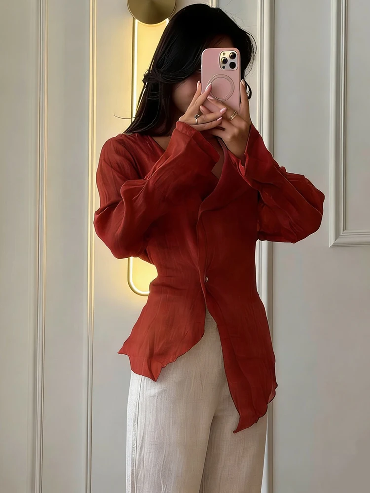 

Женская модная рубашка: новая весенняя блузка с V-образным вырезом, асимметричными длинными рукавами и шнуровкой, однотонная, шикарная, повседневная, для офиса