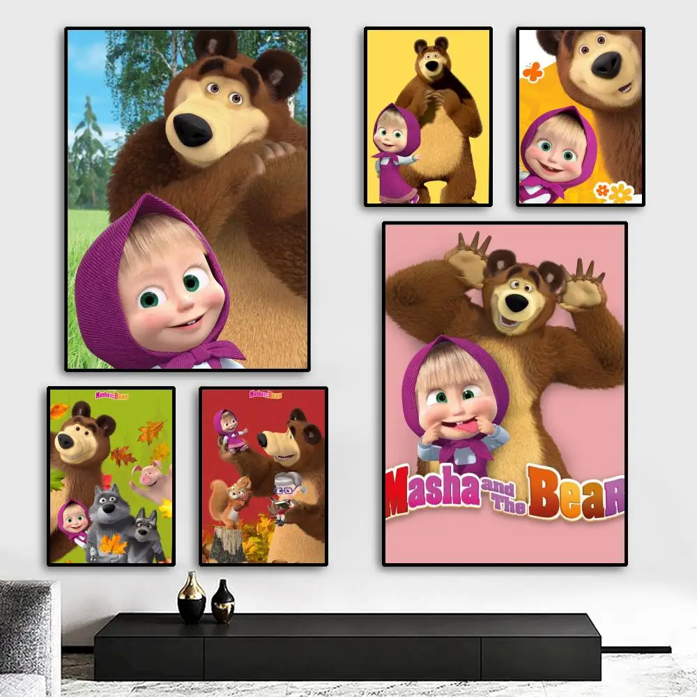 Cartoon M-Masha und die Bären Poster HD-Kunstposter, selbstklebend, wasserfest, für Zuhause, Wohnzimmer, Schlafzimmer, Bar, ästhetische Dekoration