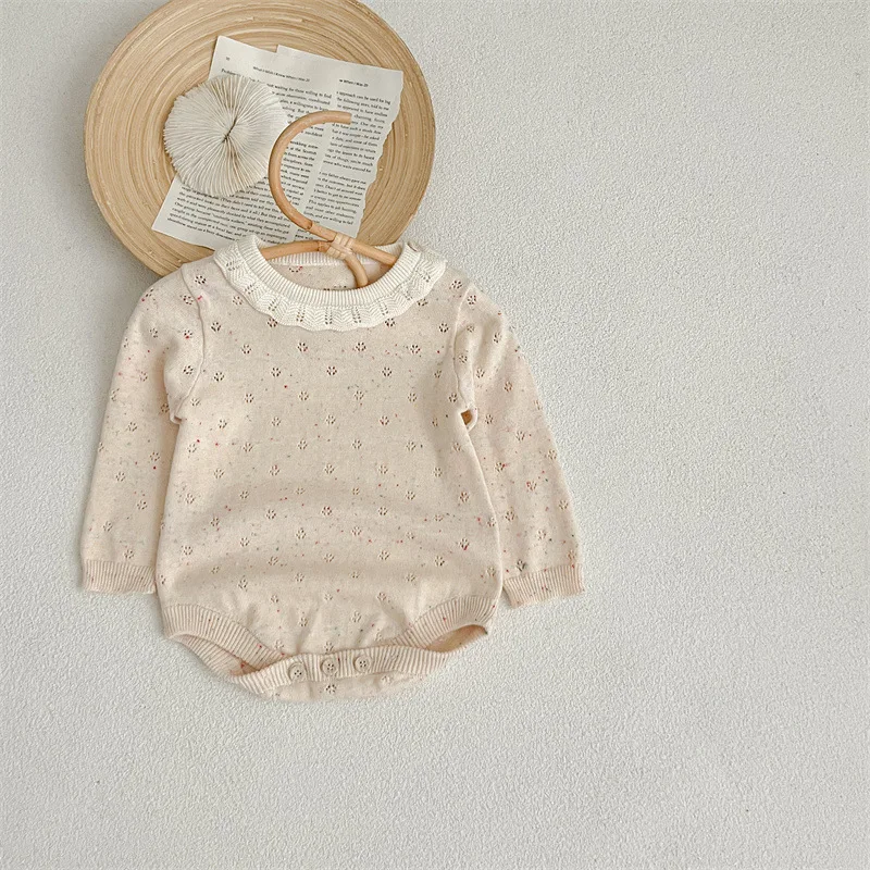 

HoneyCherry Spring and Autumn Knitted One-piece Romper for Toddler Girls and Babies, with Colored Cotton Lace Collar Have Hat
