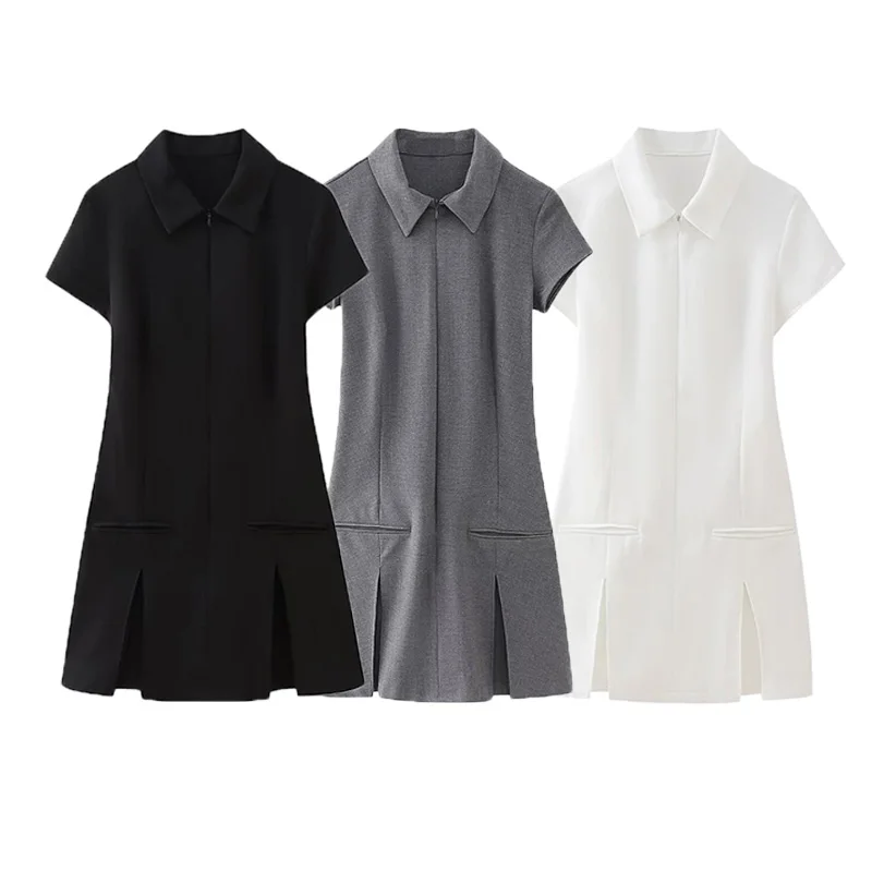 

KUCLUT 2024 Summer Women Office Pleated Dress Short Sleeve Turn Down Collar Zipper Front Slim Feamle Mini Dress Y2K