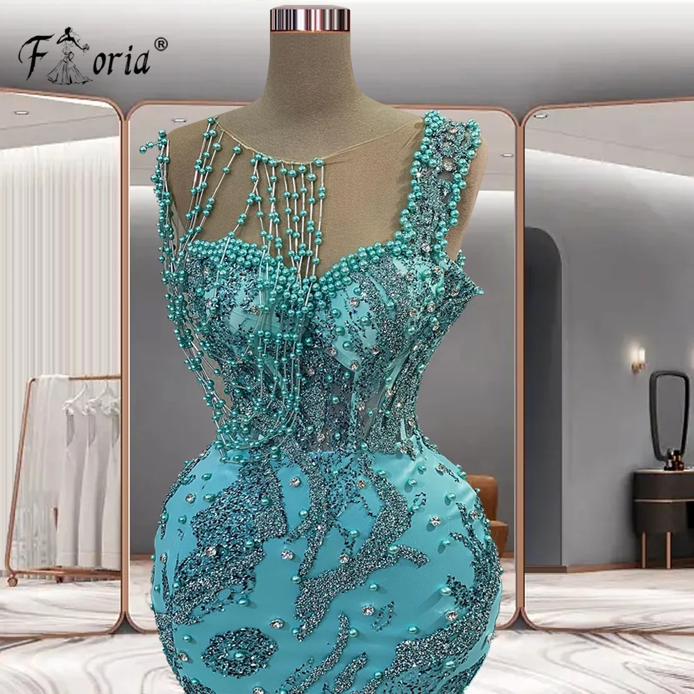 Elegant Pearls Stones Mermaid Evening Dress Mint Green Beaded Chains Slit Floor Length Sheer Prom Dress Couture Robe De Soiree