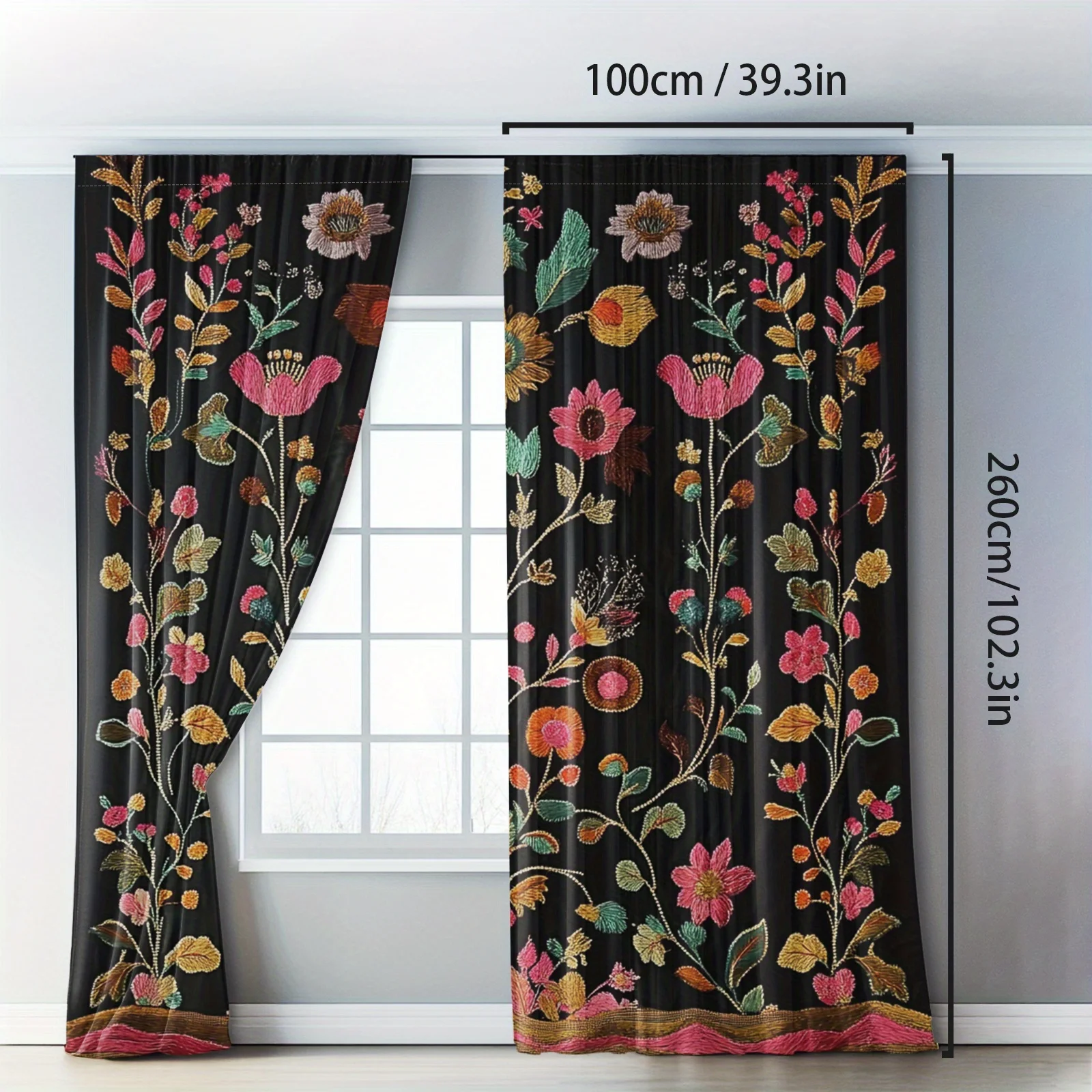 2pcs Black Floral and Botanical Print Window Curtains Lightweight Polyester Drapes for Bedroom Living Room Privacy Protection