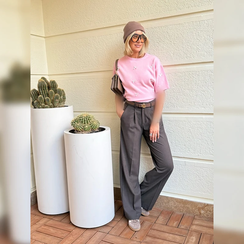 

Bow Short Sleeve Shirt Chic Women 3d Casual Round Neck Dropped Shoulder Loose Cropped Top 2026 Lady Daily Commute Street Top