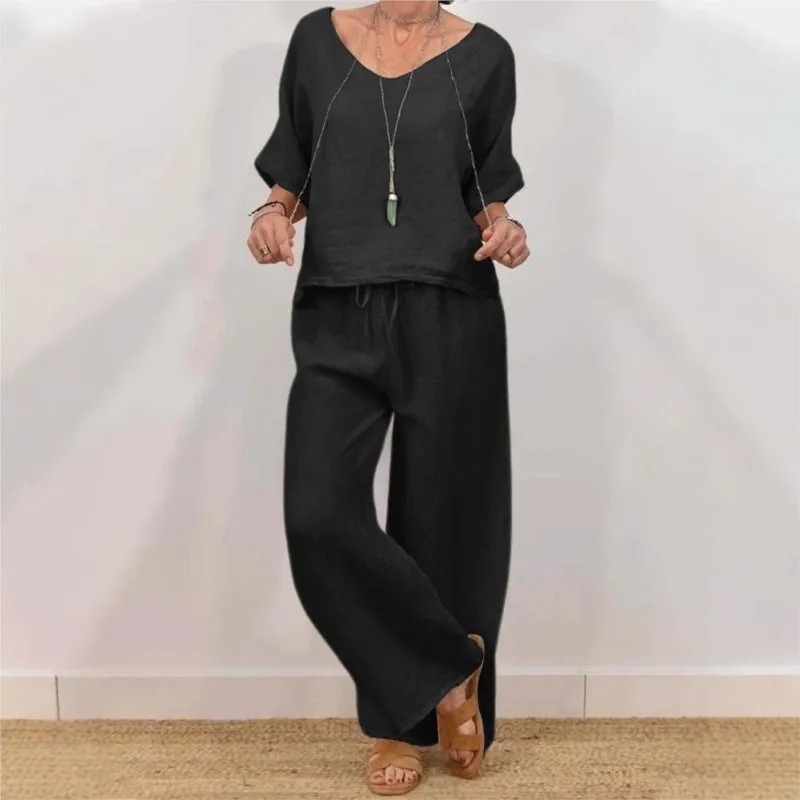 

Fashion Woman's Solid Color Two-piece Suits Autumn Casual V-neck Half Sleeve Top Wide-leg Pants Sets Ladies Loose Office Outfit