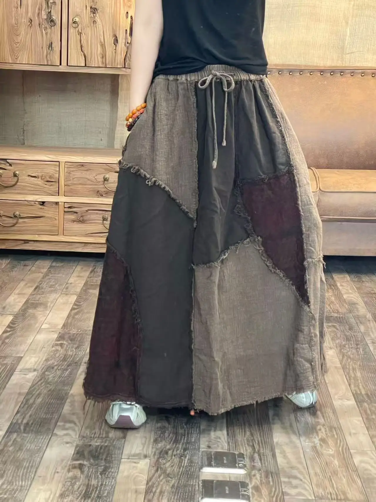 

Новая женская длинная юбка А-силуэта из льна в стиле ретро с пэчворком, этническая, с эффектом потертости, свободного кроя, с высокой талией, повседневная