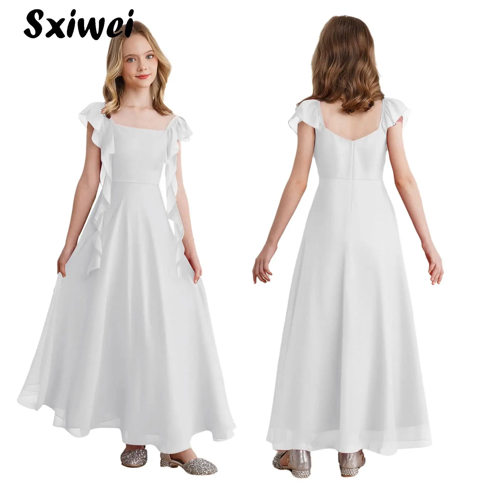 

Fancy Chiffon Flower Girl Dresses Flutter Sleeves Junior Bridesmaid Dress Princess Girl Wedding Guest Birthday Party Formal Gown