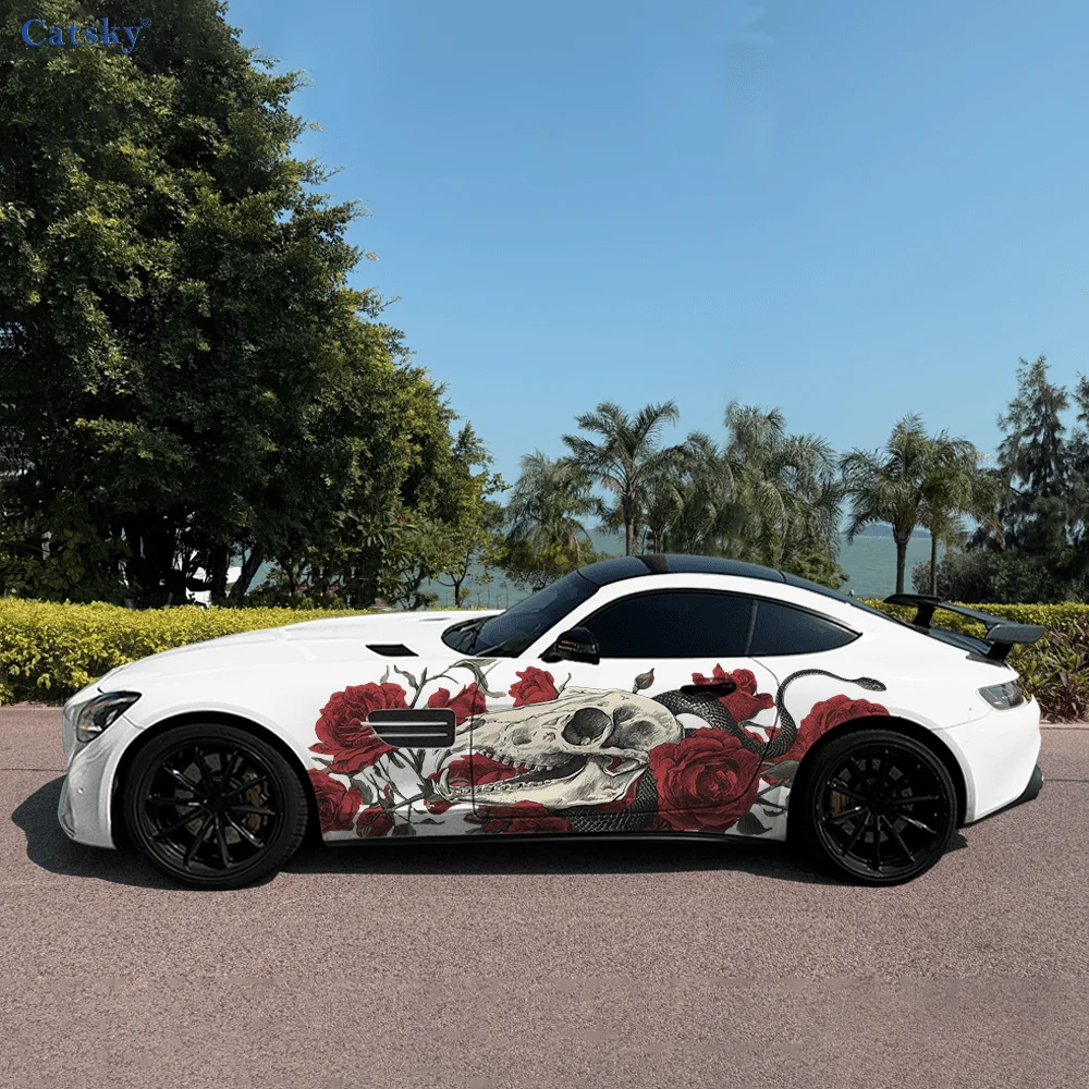 Dinosaur Skull Flower Branch Car Vinyl Wraps Decal Self-adhesive PVC Sticker Suitable for Trucks SUV Decor Auto Accessories Gift